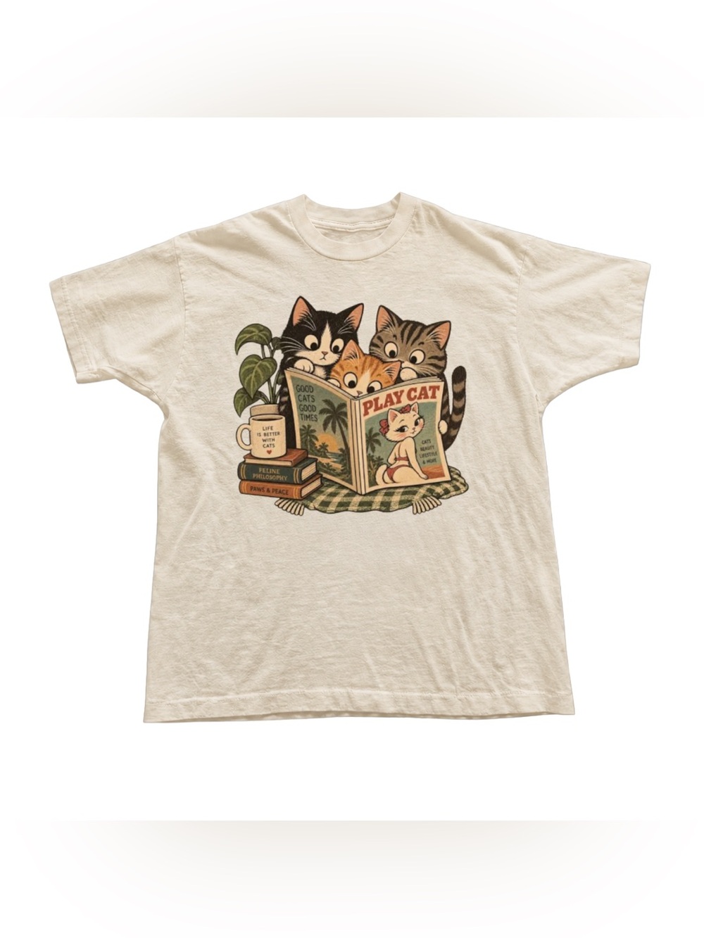 Off White Tee with Retro Three Cats Reading Graphic